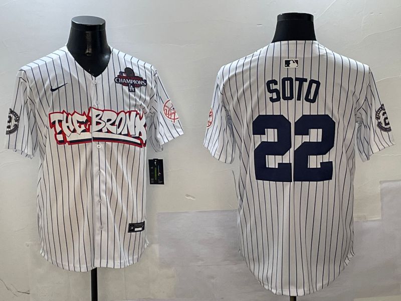 Men New York Yankees #22 Soto White Stripe four generations Joint Name 2025 Nike MLB Jersey style 2
